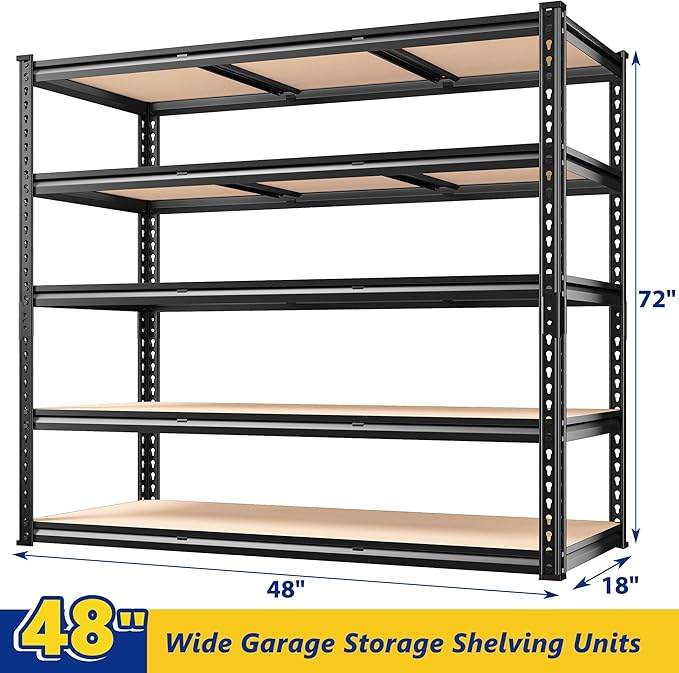 REIBII 48" W Garage Shelving 3020LBS Storage Shelves 5 Tier Industrial Shelving Adjustable Metal Storage Shelves for Garage, Basement, Warehouse, Commercial, Easy Assemble, 48" W x 72" H x 24" D, 2PC