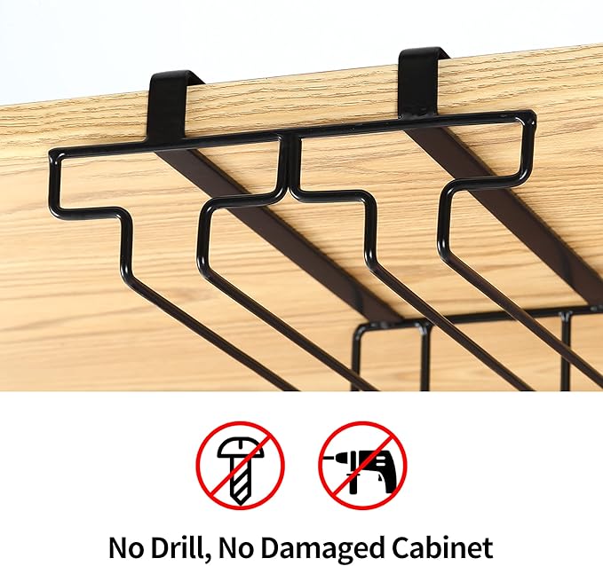 Wine Glass Rack Under Cabinet Drilling Free No Screw Steamware Holder Under Shelf Metal Wine Glasses Holders 304 Stainless Steel Hanger Storage Organizer Hanging Glass Fit for Bar Kitchen 4 Rows Black