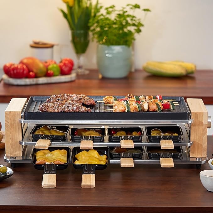 CUSIMAX Electric Grill Raclette Table Grill, 2 in 1 Indoor Grill with Non-Stick Grill & Griddle Plate, Raclette Grill with Wooden frame, 8 Cheese Pans & Wooden Spatulas, Three-Layer Korean BBQ Grill