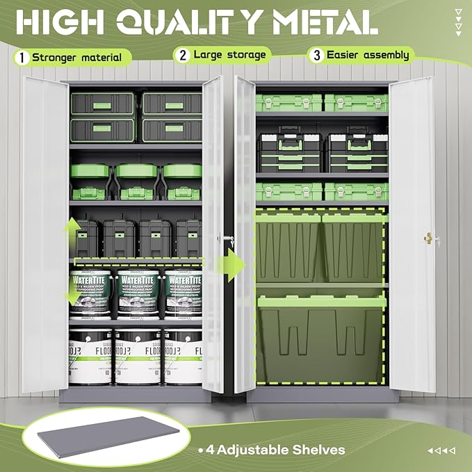 Oakmont Metal Storage Cabinet for Tool Organization, 72" Lockable Garage Storage Cabinets with 2 Doors and 4 Adjustable Shelves, Locking File Cabinet for Office, Home, School (72“ Wide-GreyWhite)