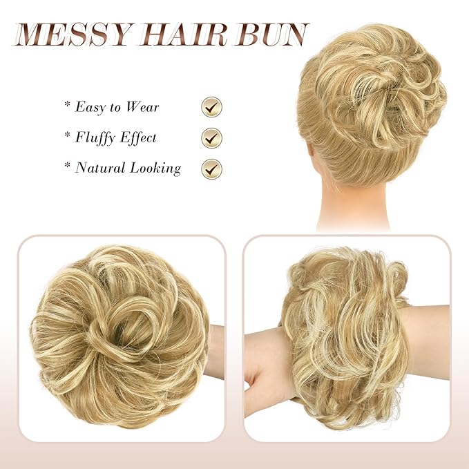 FESHFEN Large Messy Bun Hair Piece - Wavy Synthetic Chignon Scrunchies Elastic Ponytail Hair Extensions Thick Hairpieces for Women, Sunny Blonde 1.94oz