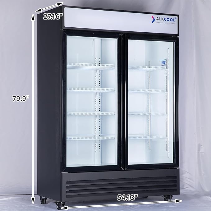 Commercial Beverage Refrigerator Display Fridge,Two Glass Door Upright Merchandiser Drink Cooler with LED Light Adjustable Shelves,46 Cu Ft,ETL Sanitation,(Wheels Included)