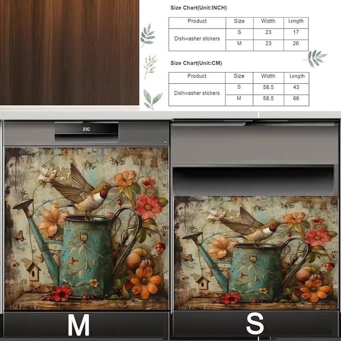 Floral Watering Can Birds Spring Dishwasher Magnet Cover,23" x 17" Dishwasher Cover,Retro Country Butterfly Magnetic Decal Vinyl Sticker Kitchen Decor Refrigerator Magnets Self Adhesive Wrap