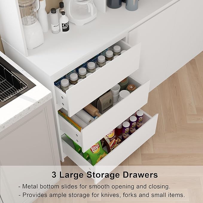 Extra Large Kitchen Pantry with Microwave Shelf, Kitchen Hutch Storage Cabinet with Countertop, Freestanding Countertop Cabinet with 3 Drawers and 3 Open Shelves, White