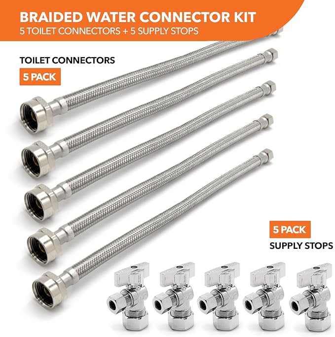 Stainless Steel Toilet Connection Kit - Braided Water Hose, 3/8" Compression x 7/8" Metal Ballcock, 20" Length (5Pack) + Supply Stop Valves, 5/8" x 3/8" Compression (5Pack)
