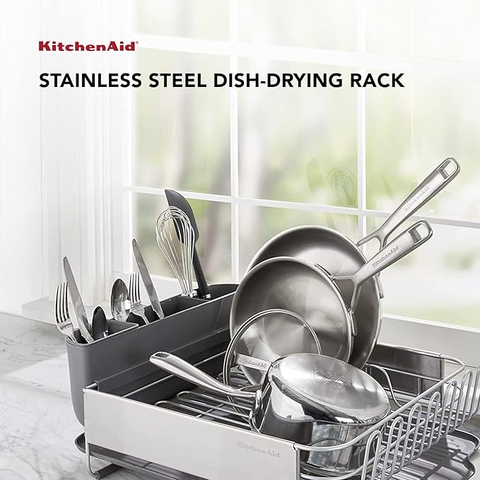 KitchenAid Large Capacity, Fully Size Self Draining Rust Resistatant Satin Coated Dish Rack with Removable Flatware Caddy 20.47-Inch, Gray