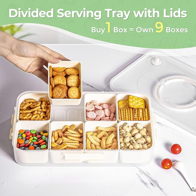 LUXEAR Divided Serving Tray with Lid and Handle Snack Box Charcuterie Container Dishwasher Safe 8 Compartment Snack Platters Portable Clear Organizer for Fruits, Candy, Snacks, Picnic, Travel