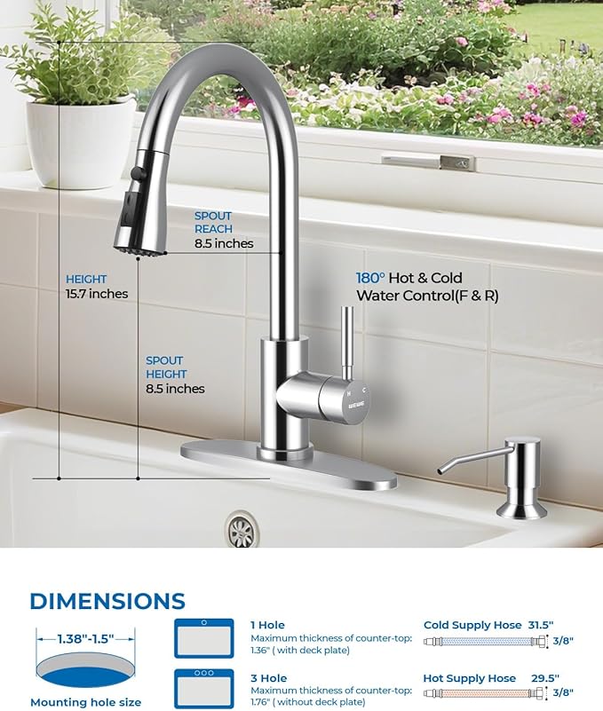 WEWE Kitchen Faucet with Soap Dispenser and Pull Down Sprayer, RV Single Handle Classic 3 Modes Stainless Steel Faucet for Kitchen Sink, RV, Polishede Chrome