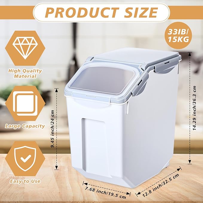Umigy 4 Pack Rice Storage Container With Wheels Plastic Airtight Lid Flour Container Bin for Dog Pet Cereal Grain Dry Food, 15 Liter / 30 lbs (Gray)