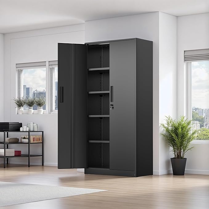 Oakmont Metal Storage Cabinet for Tool Organization, 72" Lockable Garage Storage Cabinets with 2 Doors and 4 Adjustable Shelves, Locking File Cabinet for Office, Home, School (72“ Standard-Black)