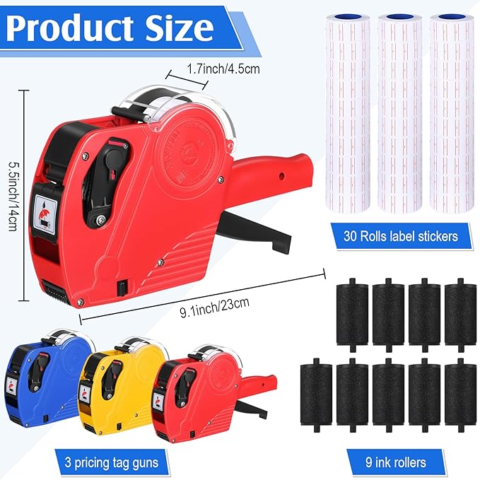 3 Pack 8 Digits Price Tag Gun Label Pricing Gun Kit with 12000 Labels & 9 Ink Rollers for Retailer Supermarket Grocery Store Food(Red, Blue, Yellow)