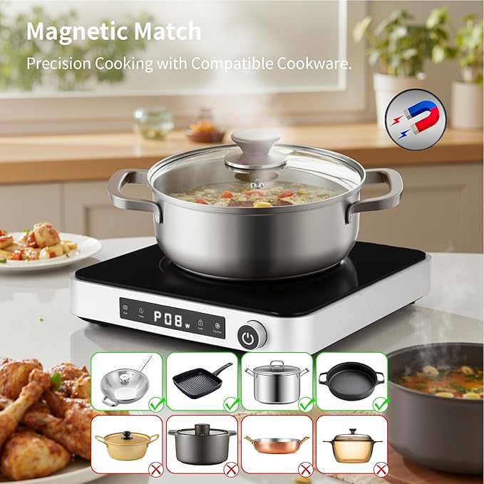 2-in-1 Induction Cooktop with Grill Pan – Portable 1 Burner Induction Hot Plate 1800W, Removable Griddle, 10 Power & 5 Temp Levels, Touch & Knob Control for Kitchen or RV Camping