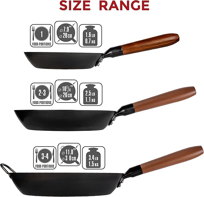 YOSUKATA 10 1/4" Carbon Steel Frying Pan – Non-Toxic Pre-Seasoned Skillet with Removable Wooden Handle – Coating-Free Wok-Style Pan for Gas, Induction, Electric, Oven & Grill BBQ