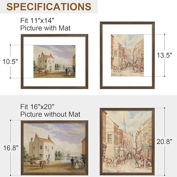 Vittanly 16x20 Picture Frame, Solid Wood Frame with Plexiglass, Includes 11x14 Mat, Wall Hanging or Tabletop for Photos, Home Decor, Brown, 1 Pack