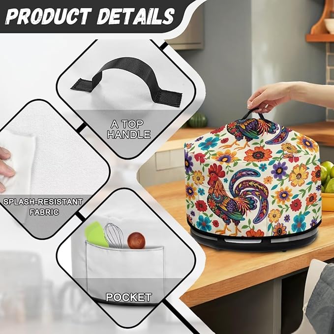 Rooster Colorful Floral Print Oval Slow Cooker Cover with Side Pocket for Small Kitchen Appliance Rice Cooker Cover Keep Kitchen Clean and Easy to Use, 16 x 14 x 9.6 inch