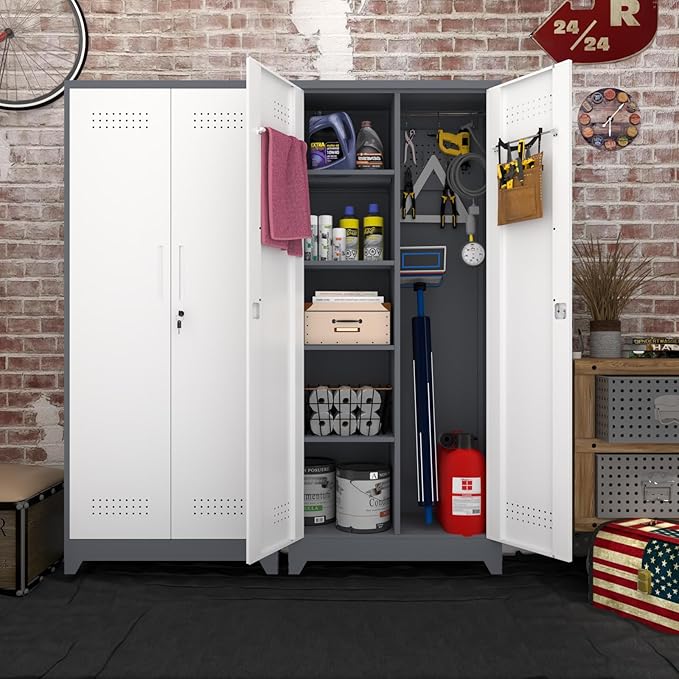 Metal Storage Cabinet,Broom Closet Storage Cabinet with Adjustable Shelves,Tall Utility Cabinet with Pegboard,Locking Storage Cabinets for Garage,Laundry,Basement,Grey-White