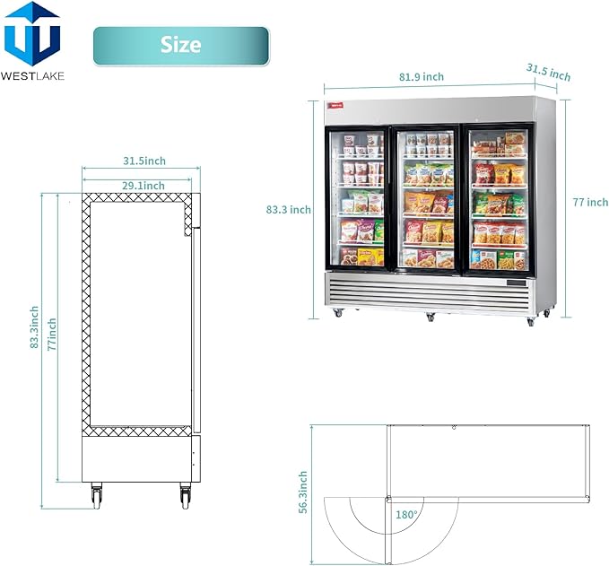WESTLAKE 82" W Commercial Display Freezer 3 Glass door 72 Cu.ft Stainless Steel Merchandiser Reach-in Upriht Fan Cooling Digital Temperature Control Display Freezer for Restaurant, Bar, Shop, etc
