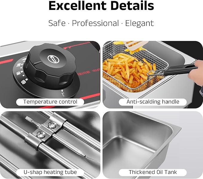 Deep Fryer Stainless Steel - Commercial Style Electric Fryer with Adjustable Thermostat, Rapid Heating & Oil Filtration Basket - Safe for Home Kitchen (Chips/Chicken/Donuts), 6L