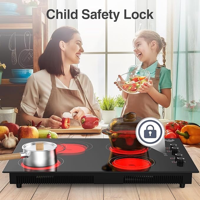 4 Burner Electric Cooktop,7200W Built-in & Countertop 30 inch stove top with 9 Power Levels, Child Safety Lock & 99 mins Timer, 30 inch Electric Cooktop 220-240V (No Plug)