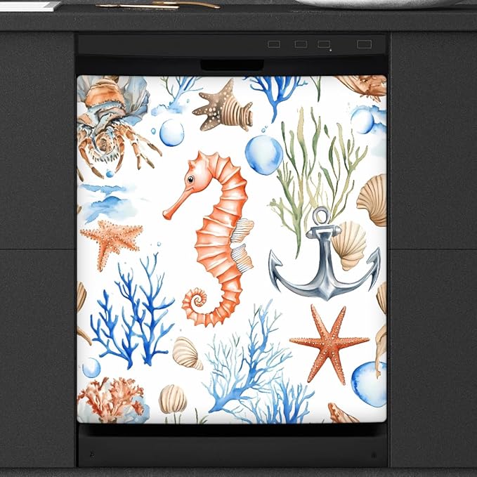 Dishwasher Magnet Cover Sea Ocean Anchor Seahorse Coral Reusable Dishwasher Magnetic Cover Sticker Decorative Dish Washer Door Cover Panel for Home Kitcen Appliance