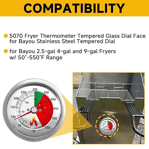 5070 Fryer Thermometer Replacement for Bayou Classic Deep Fryer, Stainless Steel Design Tempered Glass Dial Face w/ 50˚- 550˚F Range Fit for Bayou 2.5-gal, 4-gal, and 9-gal Fryers