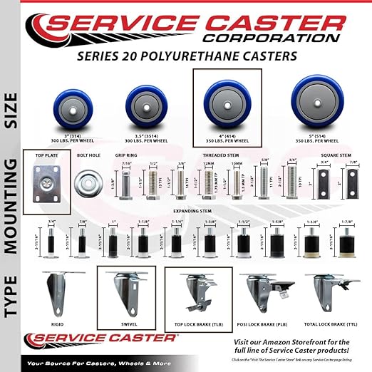 Service Caster Brand Replacement Caster for Uline Caster H-5539SWB - Swivel Top Plate Caster with 4 Inch Blue Polyurethane Wheel and Top Lock Brake - Fits Carts, Dollies and Poly Box Trucks H-1956