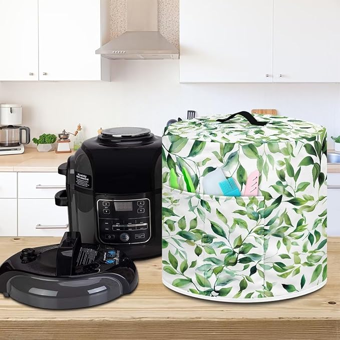 Flashideas Green Leaf Dust Cover for 8 Quart Instant Pot and Extra Accessories, Dust Proof Easy to Clean Pressure Cooker Cover Electric Appliance Cover Air Fryer Accessories with Pocket