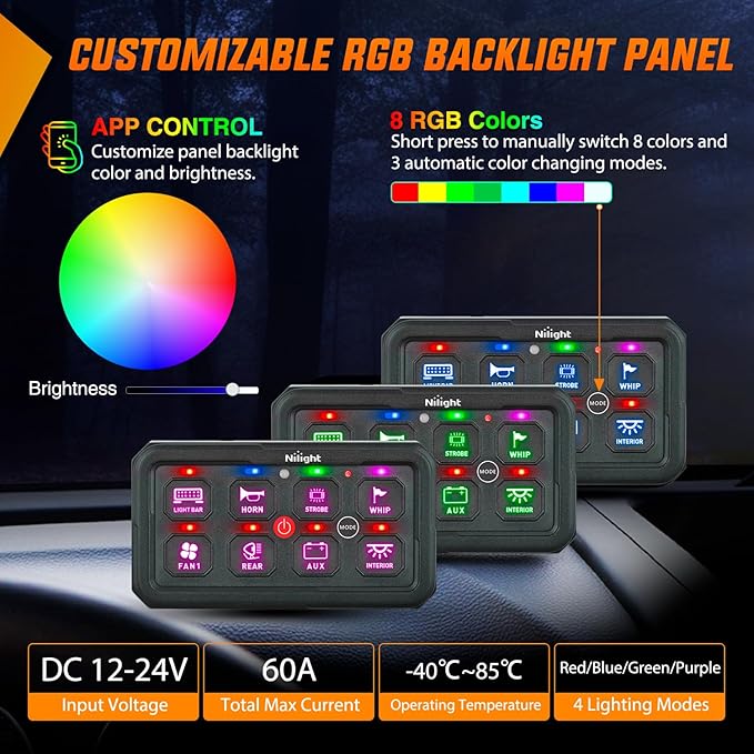 Nilight 8 Gang Switch Panel Circuit Control Relay System APP RGB Backlight Double Row Fuse Wiring Harness Toggle Momentary Strobe Flash Modes Automatic Dimmable 12V 24V for Car Truck Camper SUV
