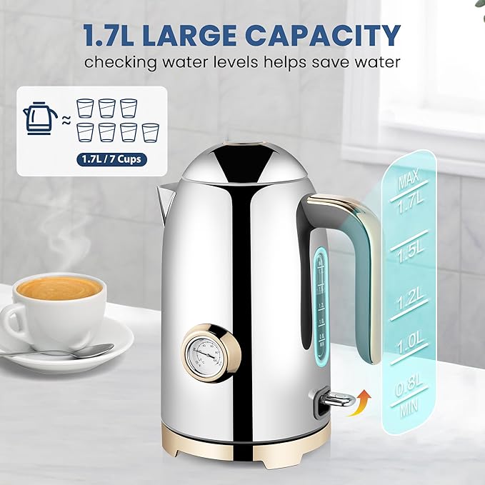 SUSTEAS Electric Kettle - 57oz Hot Tea Water Boiler with Thermometer, 1500W Fast Heating Stainless Steel Pot, Cordless LED Indicator, Auto Shut-Off & Boil Dry Protection, Glossy Silver