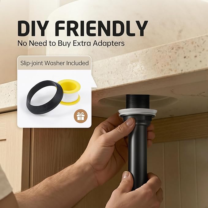 KES Bathroom Sink Drain with Extended Thread, All Metal Pop Up Drain Stopper without Overflow for Thicker Vessel Sinks and Countertops, Brass and Stainless Steel Matte Black, S2022D-BK