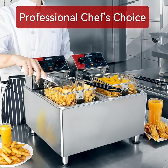 CROSSON 20Lbs Dual Tank Electric Deep Fryer with Rotary fryer head,30 Minitues Timer,Removable 304 SS Oil Tank with Handle,9L Countertop Deep Fryer for Home Use