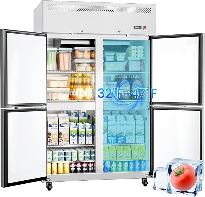 Commercial Refrigerator 48"W 4 Door Stainless Steel Reach-in Solid Door Upright Fridge Fan Cooling 36 Cu.ft Refrigerators 32-47°F for Restaurant, Bar, Shop