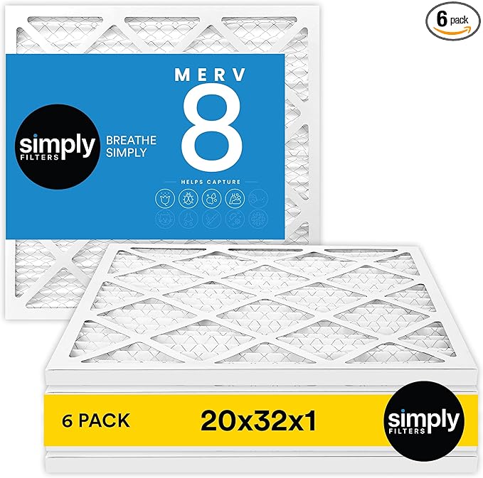 Simply 20x32x1 Air Filter, Merv 8, 6 Pack, For Home AC Furnace & HVAC (Actual Size: 19.75"x31.75"x0.75") DUST, Pet, & Allergy Control