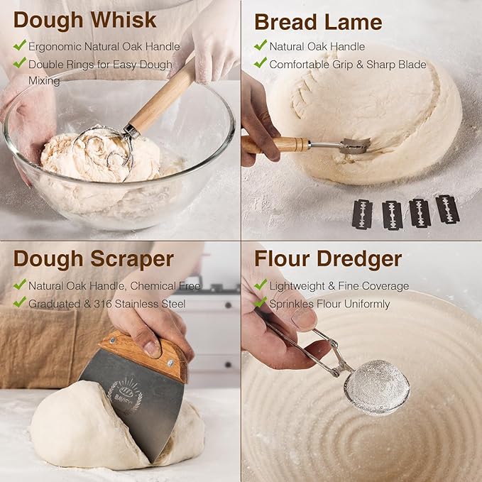 Wood Pulp Banneton Bread Proofing Basket Set, Banneton Basket Kit, Sourdough Bread Baking Supplies Making Tool (Round Banneton Basket Set)