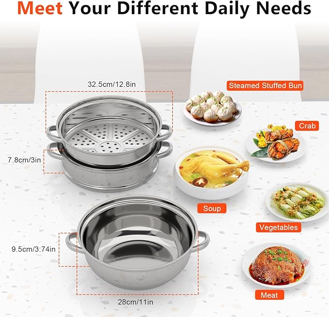 Steamer 28cm/11.02in, 3-tier Polished Stainless Steel Steam Cooker w/Clear Glass Lid & Handles, Round Stackable Multipurpose Steam Pot for All Stoves, 12.8 * 9.84in (1xBottom Pot, 2xSteamer Baskets)