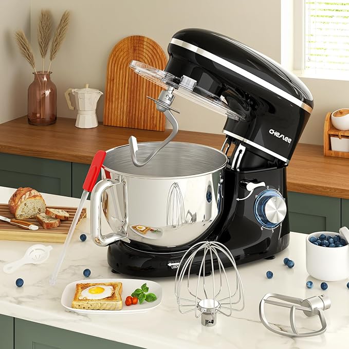 CHeflee Stand Mixer,660W 6+P With 6.5QT Stainless Steel Bowl,Dough Hook, Wire Whip & Beater,for Most Home Cooks (Black)