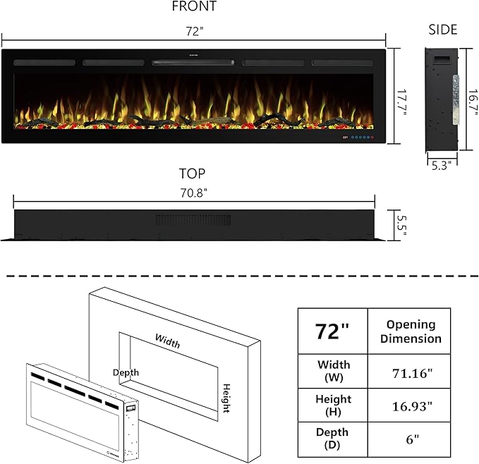 72" WiFi Electric Fireplace, Recessed and Wall Mounted Fireplace Heater, 13 Flame & Fuel Bed Colors, 5 Brightness, Thermostat, Timer, App and Remote Control, 750/1500W