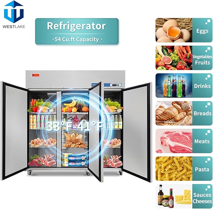 WESTLAKE 72" W Commercial Refrigerator 3 door 3 Section Stainless Steel Reach in Solid door Upright Fan Cooling 54 Cu.ft Cooler for Restuarant, Bar, Shop, etc