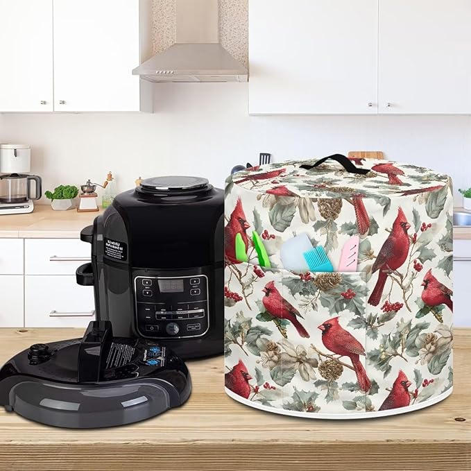 3 Quart Pressure Cooker Dust & Stains Protector Cover Round Bag with Top Handle and Storage Pocket Kitchen Appliance Decoration Christmas Cardinal Bird Print