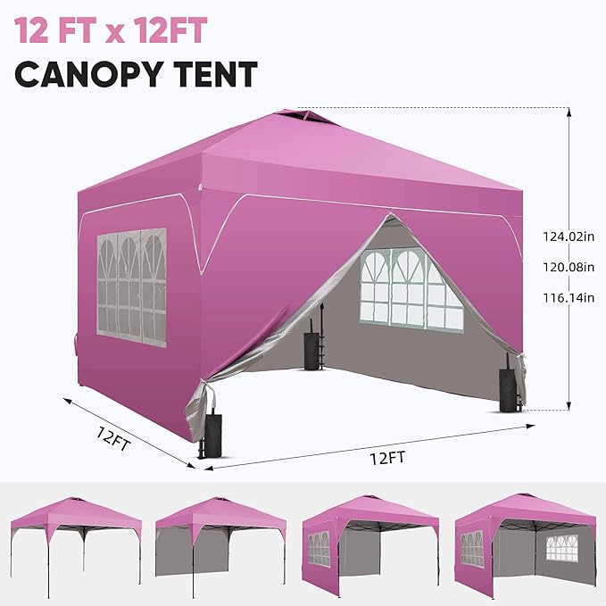 Saemoza 12x12 Pop Up Canopy Tent with One Push Setup, Outdoor Sun Shade Canopy with Vent Top for Backyard Party, Easy Up Instant Shelter with 4-Sandbags & Wheel Bag, Pink.