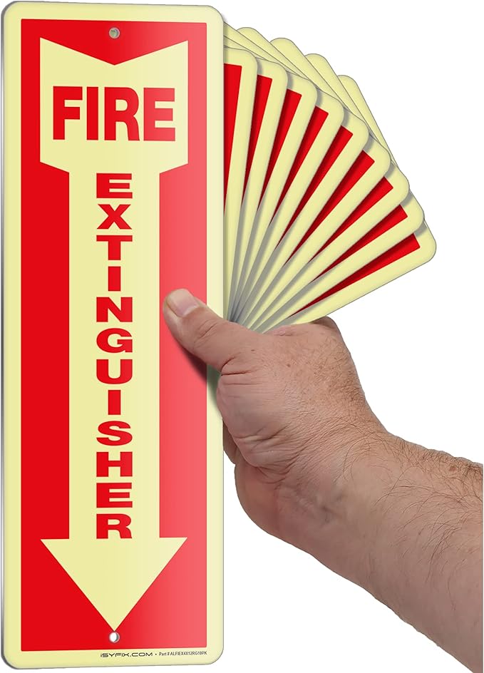 iSYFIX Fire Extinguisher Glow in the Dark Aluminum Signs – 10 Pack 4x12 Inch – Photoluminescent, Laminated for Ultimate UV and Fade Resistance, Indoor and Outdoor, for Business, Schools, Hospitals,