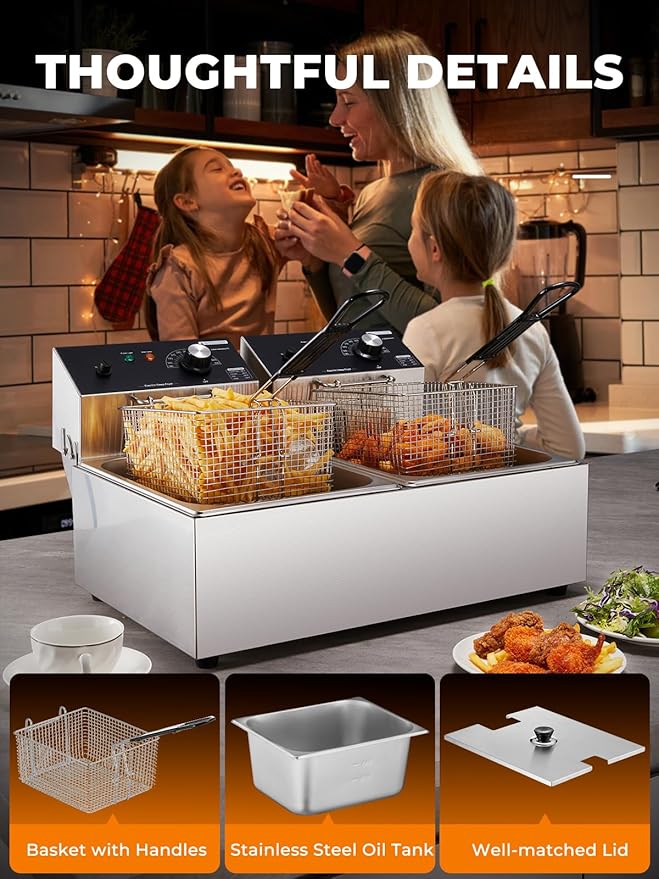 Commercial Deep Fryer with Basket, 3400W 20.7Qt Dual Tank Deep Fryer with Temperature Control, Large Capacity Stainless Steel Electric Countertop Fryer for Restaurant or Home Use