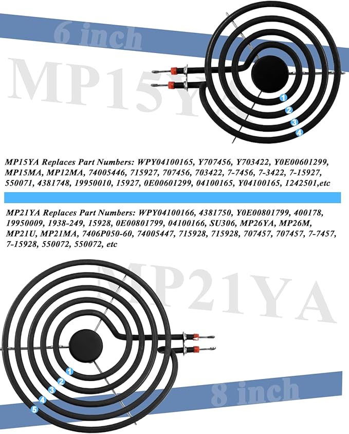 Upgrade MP22YA 4 Pack Electric Range Burner Element Unit Set Include 2 x MP21YA 8" Stove Burner & 2 x MP15YA 6" Stove Burner Element Fit for Frigi-daire Whirl-pool Ken-more Range Stove By Fetechmate