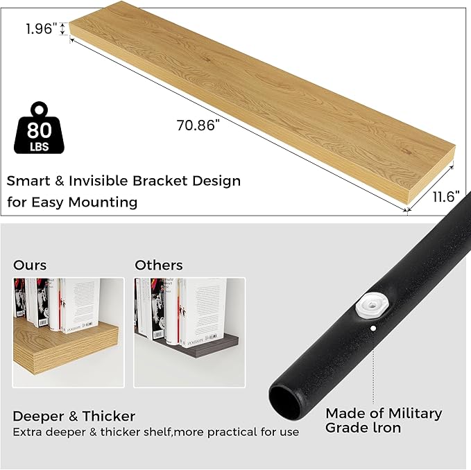 Floating Shelves for Wall 72"W x 11.6"D x 2"H, Long Engineered Wood Wall Shelves with Invisible Brackets for Living Room Bedroom Bathroom Office Kitchen Decor and Storage, Oak Finish, Set of 1