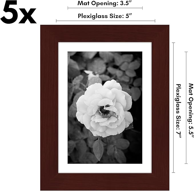 Americanflat 5x7 Picture Frame with Polished Plexiglass - Set of 5 - Use as 4x6 Frame with Mat or Display 5x7 Photo Without Mat - Galleria Collection - Picture Frames for Tabletop and Wall - Mahogany
