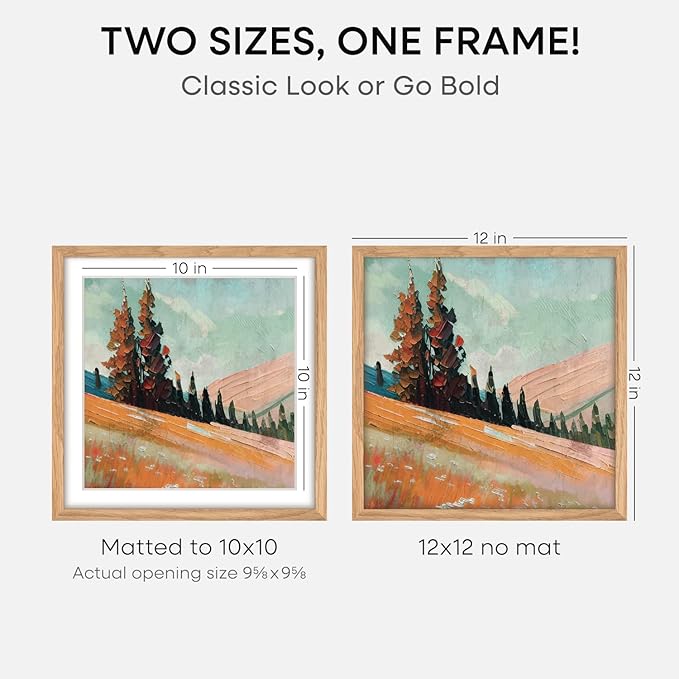 Homeforia 12x12 Light Wood Frame, High End Natural Oak 12 x 12 Square Picture Frames with Mat 10 by 10 inch Photo, 12by12 Wooden Poster Frames Matted to 10x10 Print, Tempered Glass, Wall Kit, Set of 2