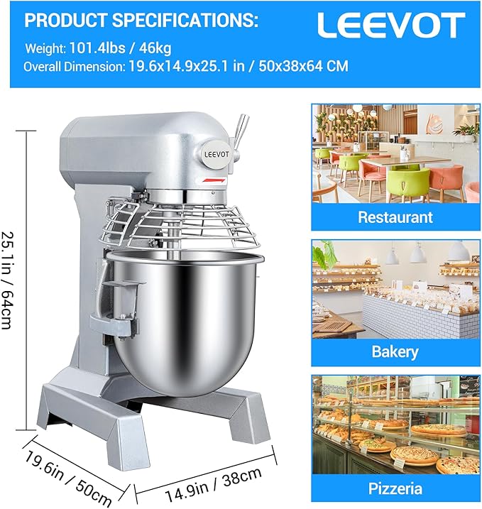 15Qt Commercial Food Mixer, Commercial Dough Mixer 600W 2-Speeds Adjustable, Heavy Duty Electric Stand Mixer with Stainless Steel Bowl for Kitchenaid and Pizzeria (Simple)