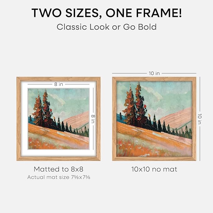 Homeforia 10x10 Picture Frame Wood, High-End Natural Oak 10 x 10 Thin Square Poster Frames with Mat 8 by 8 inch Photo, 10by10 Light Wooden Frame Matted to 8x8 Print, Tempered Glass, Wall Kit, Set of 2