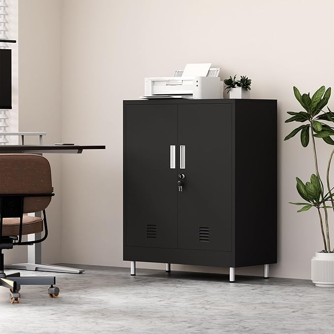 Metal Storage Cabinet with Locking Doors and 2 Adjustable Shelves, Lockable Storage Cabinet for Home Office Garage Pantry Living Room (Black)