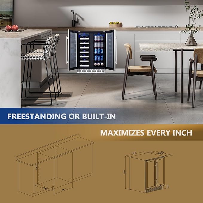 Phiestina Beverage Fridge, 24 Inch Wine and Beverage Refrigerator, Under Counter Wine Cooler- 20 Bottles & 76 Cans, Built-in/Freestanding Dual Zone with Glass Door